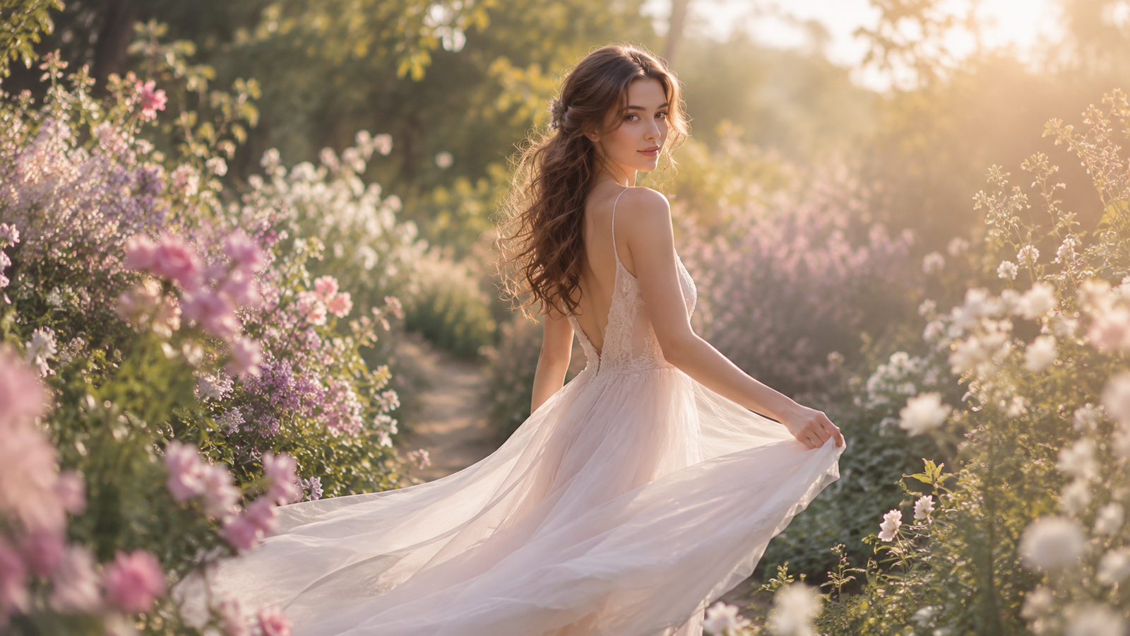 Ethereal bridal portrait in a soft garden setting