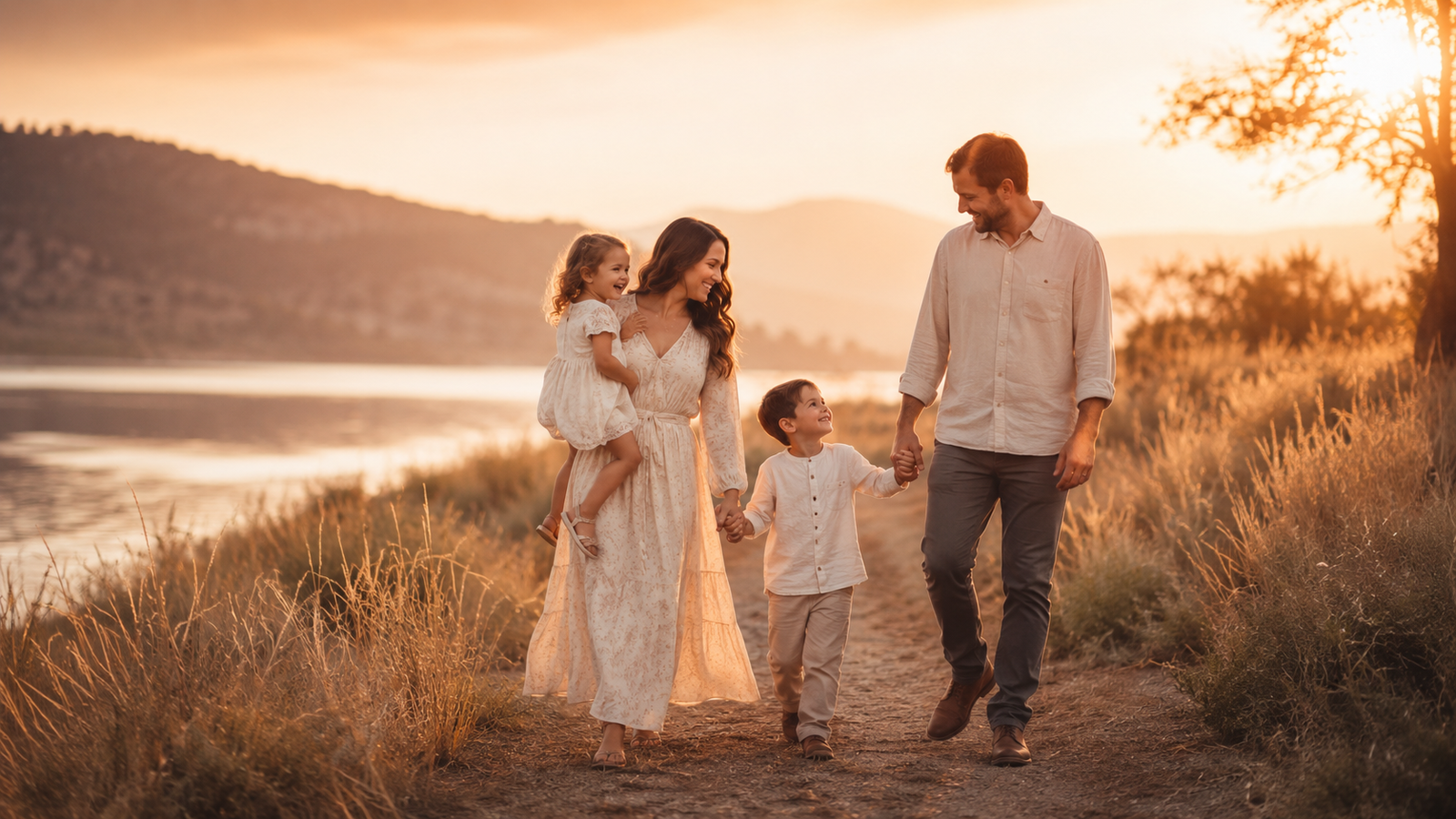 Family walking by a lake at sunset