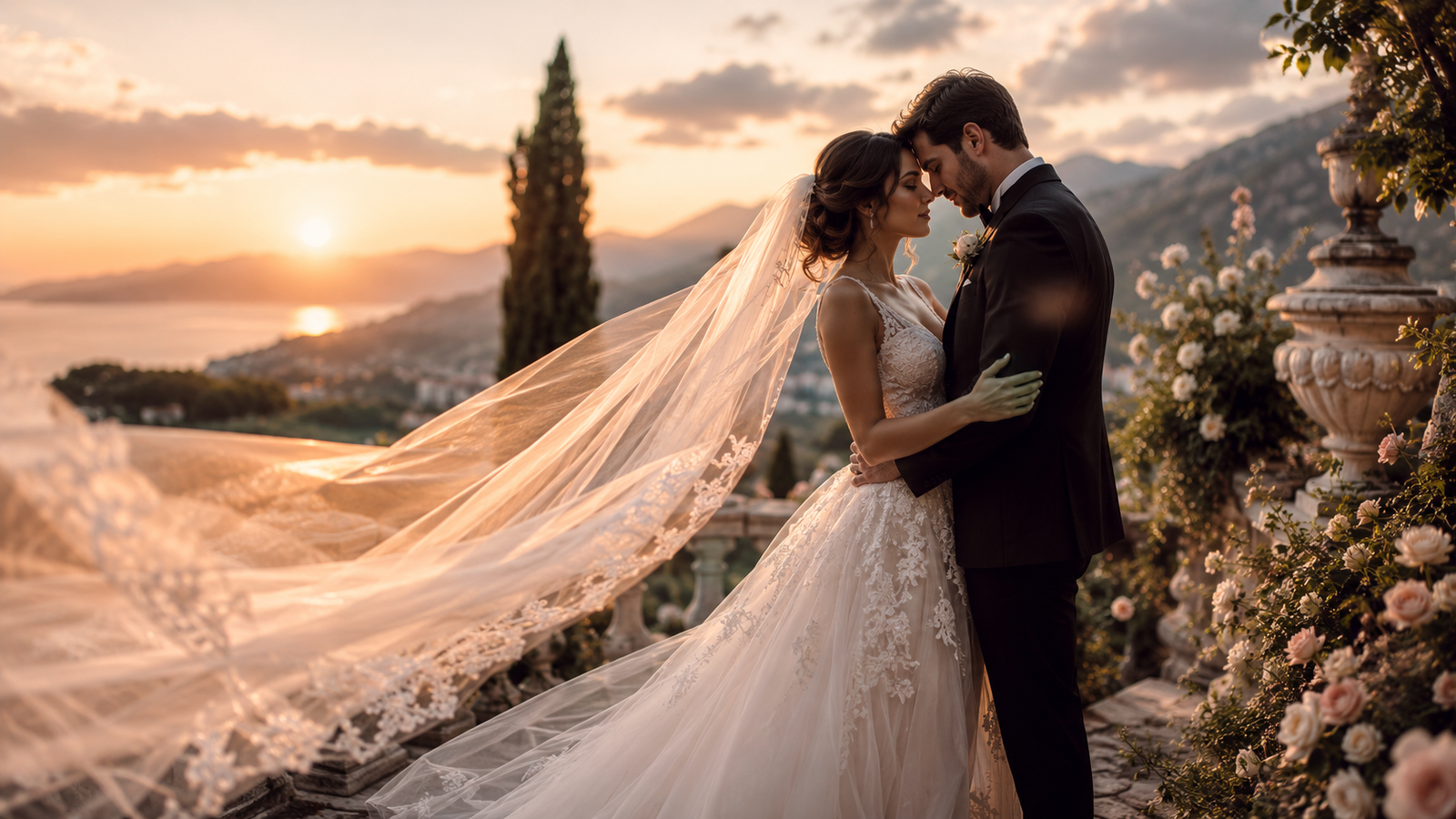 Romantic sunset wedding embrace with flowing veil